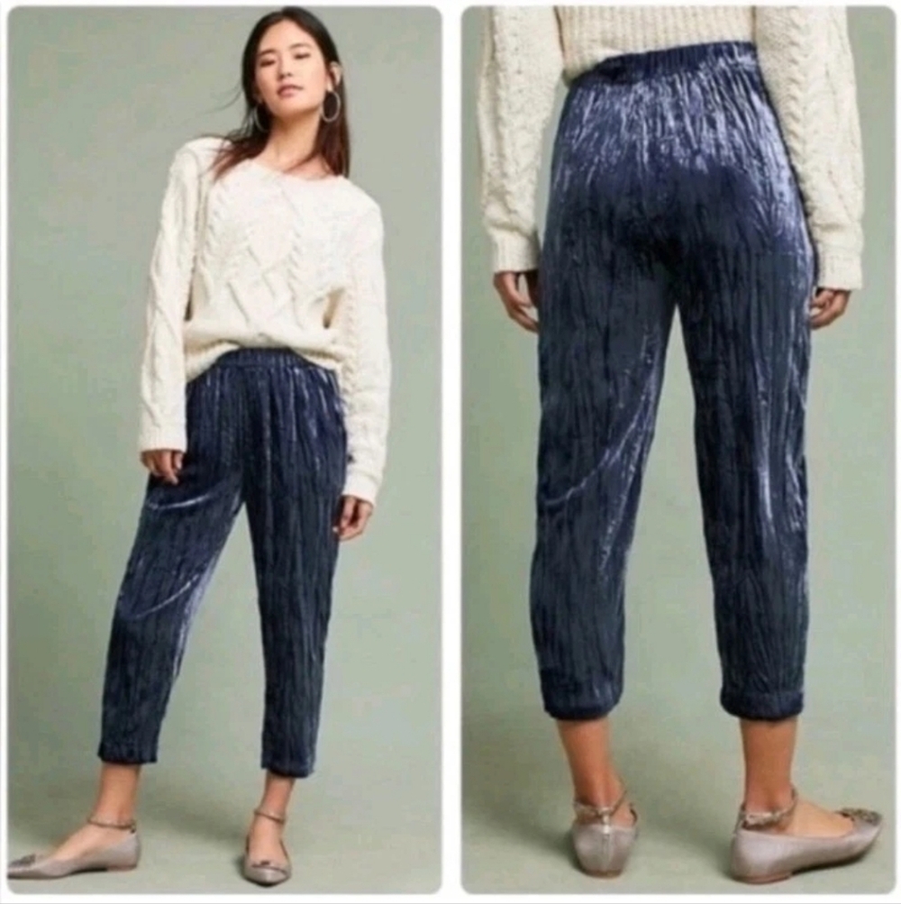Anthropologie Ett:Twa Kinley Cropped Blue Crushed Velvet Pants Womens Size S